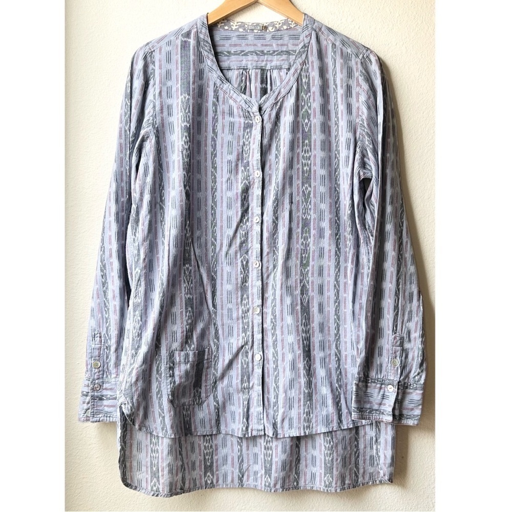 Matta Blue Gray Abstract Print Striped Button Up Tunic Shirt Sz L